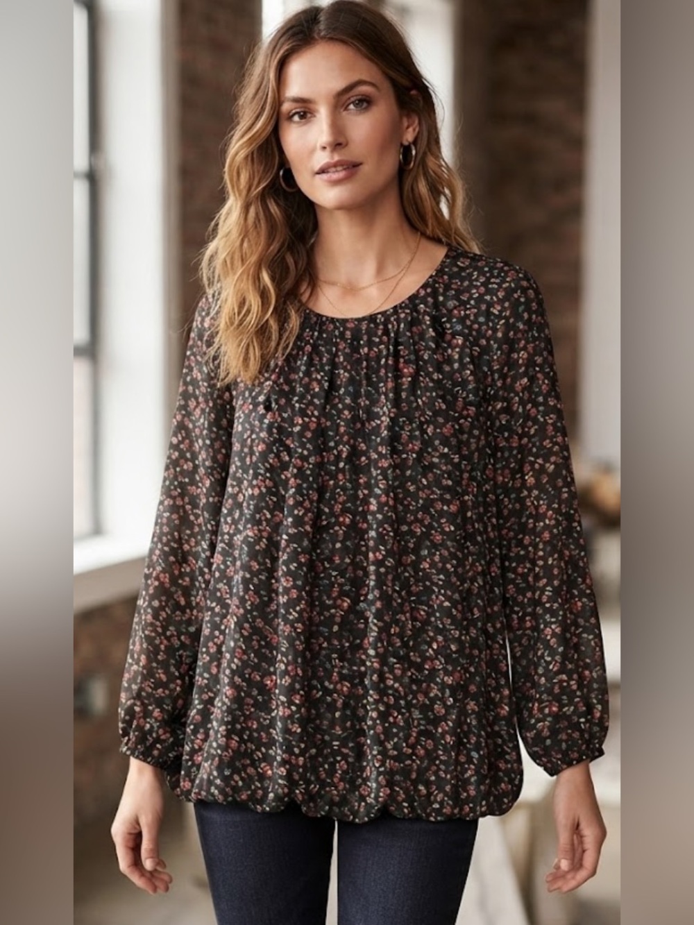 NWT Zenobia Black Floral Long Sleeve Bubble Hem Blouse Plus Size 1XL
